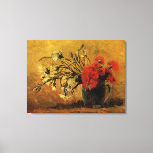 Vaas met rode en witte anjers canvas afdruk