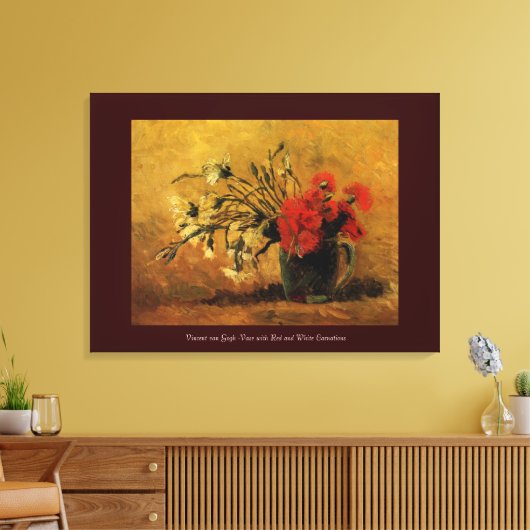 vaas met rode en witte anjers, van Gogh Canvas Afdruk (Insitu (Woonkamer))