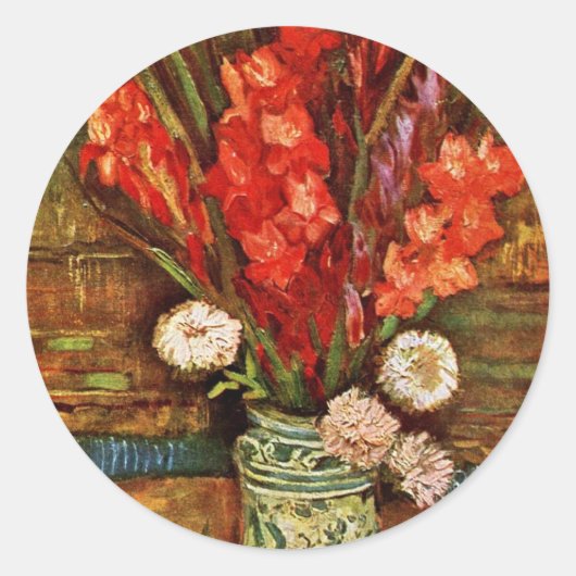 Vaas met rode gladiolideutsch: Stilleven met rood Ronde Sticker (Voorkant)