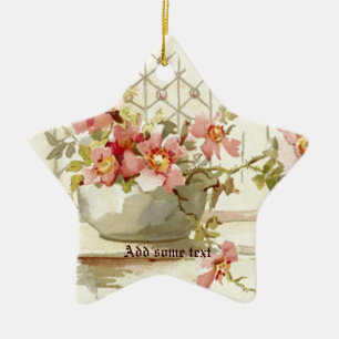 Vaas met roze rozen vintage watercolor ornament