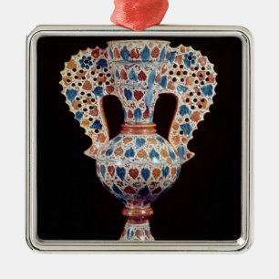 Vaas met verglaasd tin met roosterdecoratie metalen ornament