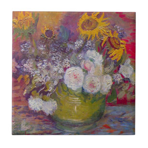 Vaas met zonnebloemen en rozen van Vincent van Gog Tegeltje