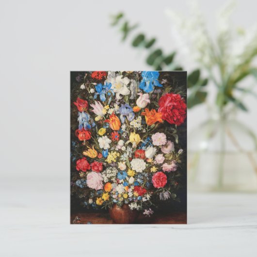 Vaas van bloemen met juwelen, munten en schelpen,  briefkaart (Staand voorkant)