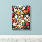 Vaas van bloemen met juwelen, munten en schelpen, canvas afdruk (Insitu (Houten vloer))