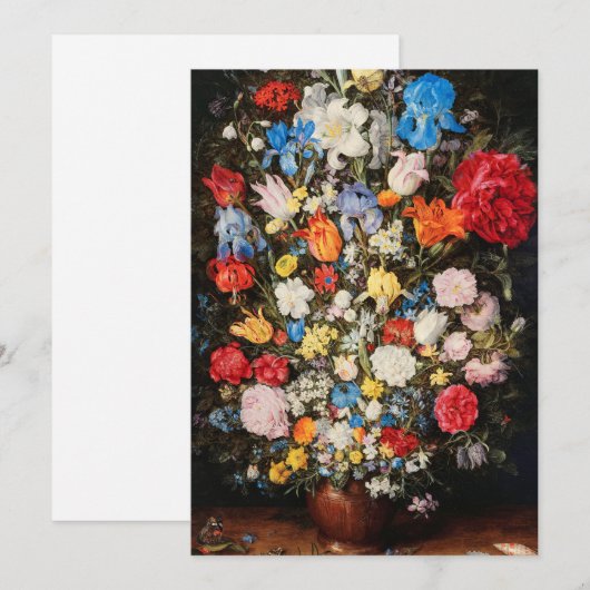 Vaas van bloemen met juwelen, munten en schelpen,  feestdagenkaart (Voorkant / Achterkant)