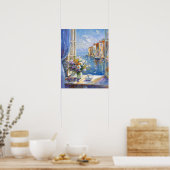 Vaas van Bloemen Raam met Uitzicht van de italiaan Poster (Keuken)