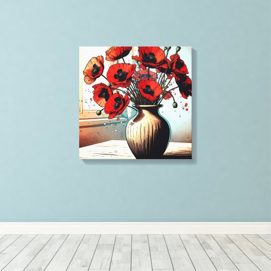 vaas van rode papavers canvas afdruk (Insitu (Houten vloer))