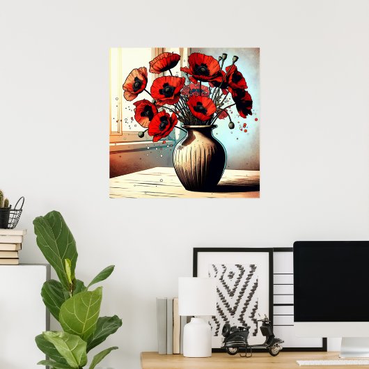 vaas van rode papavers poster (Thuiskantoor)