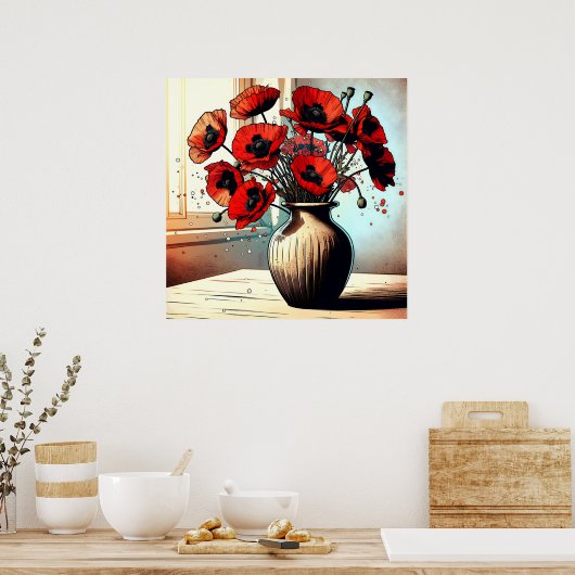 vaas van rode papavers poster (Keuken)