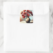  vaas van rode papavers vierkante sticker (Tas)