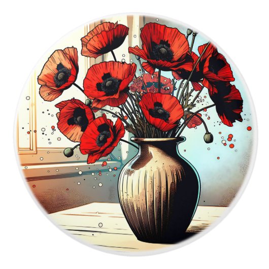 Vaas van Rode Poppies ai art Keramische Knop (Voorkant)