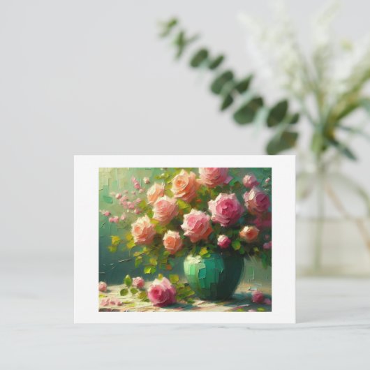 Vaas van roze rozen, briefkaart (Staand voorkant)