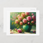 Vaas van roze rozen, briefkaart (Voorkant / Achterkant)
