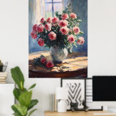 Vaas van roze rozen door raam - impressionistische poster (Thuiskantoor)