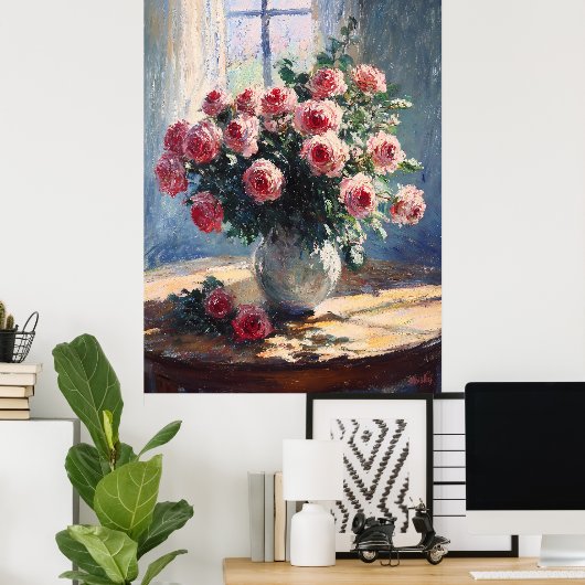 Vaas van roze rozen door raam - impressionistische poster (Thuiskantoor)