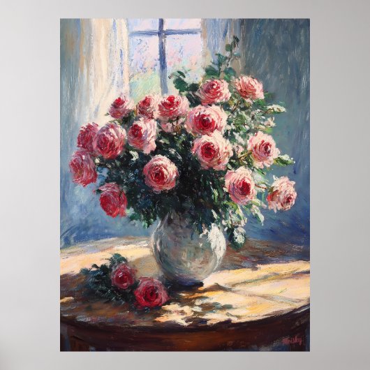 Vaas van roze rozen door raam - impressionistische poster (Voorkant)