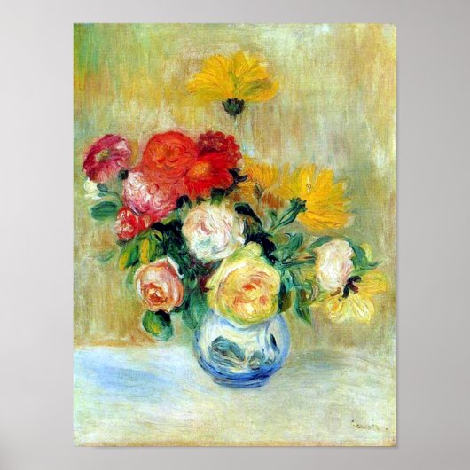 Vaas van Rozen en Dahlias door Renoir Print (Voorkant)
