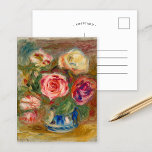 Vaas van Rozen | Renoir Briefkaart<br><div class="desc">Vaas van Rozen (1913-1915) | Origineel kunstwerk van de Franse impressionist Pierre-Auguste Renoir (1841-1919). Het schilderij beeldt een abstract impressionistisch stilleven uit van roze rozen in een blauwe vaas tegen een humeurige achtergrond. Gebruik de ontwerpgereedschappen om aangepaste tekst toe te voegen of het afbeelding te personaliseren.</div>