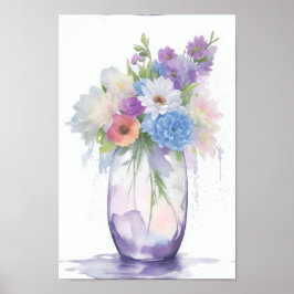Vaas van Waterverf Bloemen Pastel Kleur Poster
