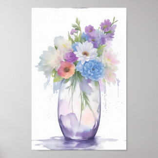 Vaas van Waterverf Bloemen Pastel Kleur Poster