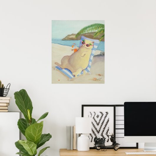 Vacation Beach Cat Under Palm Tree Wall Art Poster (Thuiskantoor)