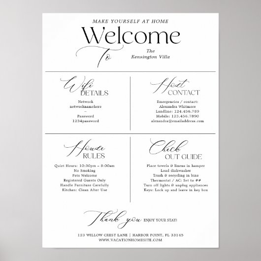 Vacation Rental Host Welcome House Rules WiFi Sign Poster (Voorkant)