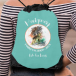 Vacatiturquoise uit de zomerfamilie trekkoord rugzakje<br><div class="desc">Een stijlvolle touwtas is voorzien van een zomervakantie-illustratie op de achtergrond van turkooise,  samen met uw familienaam en het jaar in het teken van het teken. Ideale tassen voor spullen met leuke spullen voor iedereen op je vakantie.</div>