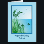Vader Birthday Zee Vist<br><div class="desc">Een heerlijke zee visscène. Een geweldige verjaardagskaart voor een vader die van vissen houdt, of gewoon van het zee houdt. Tall grasses lijst een uitzicht van een kalme oceaan met een kleine boot en een man vissen. Het binnenvers heeft de wens van de visser om geluk te wensen "strakke lijnen"....</div>