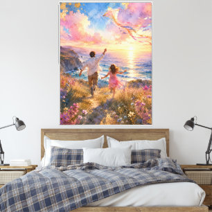 Vader & Dochter Vlieger Vliegen bij Oceaan Kliffen Canvas Afdruk