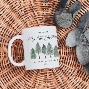 Vader eerste kerstfoto dennenbomen koffiemok