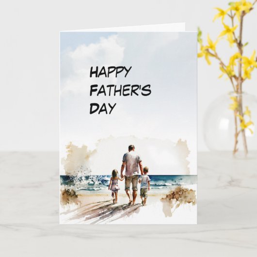 Vader en 2-kinderen Stoll op een strand Vaderdag Kaart (Gele Bloem)