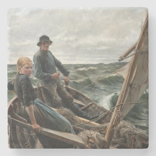 Vader en Dochter in Zee (door Albert Edelfelt) Stenen Onderzetter (Voorkant)