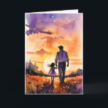 Vader en Dochter Zonsondergang Walk Vaderdag Kaart<br><div class="desc">Een vader loopt met zijn kleine meisje over een met bloemen gevuld veld naar een ondergaande zon in deze prachtige Vaderdag kaart.</div>