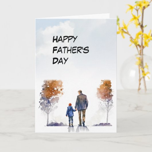 Vader en kind lopen in een park Vaderdag Kaart (Gele Bloem)