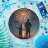 Vader en zoon houden Amerikaanse vlaggen Papieren Bordje (Feest)