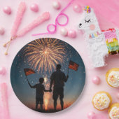 Vader en zoon houden Amerikaanse vlaggen Papieren Bordje (Feest)