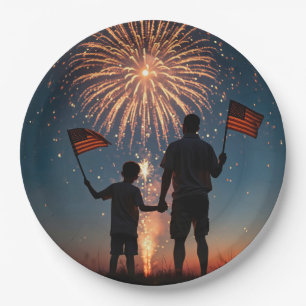 Vader en zoon houden Amerikaanse vlaggen Papieren Bordje
