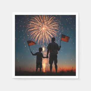 Vader en zoon houden Amerikaanse vlaggen Servet