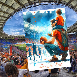 Vader en zoon kijken naar voetbalwedstrijd aquarel feestdagenkaart