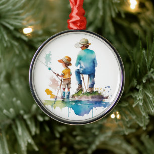 Vader en Zoon Watercolor Illustratie Ai Kunst Metalen Ornament