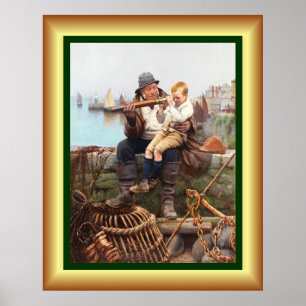 Vader en zoon zitten op de muur van het Zee met te Poster