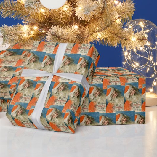 Vader Kerst Blauw Collage Ephemera Cadeaupapier (Feestdagen)