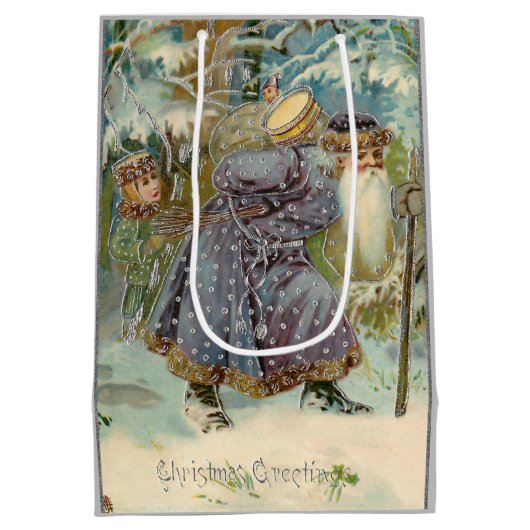  Vader Kerst in Sneeuwrijke Bossen Medium Cadeauzakje (Achterkant)