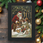 vader kerstcadeaus aan kind feestdagenkaart<br><div class="desc">Elegante en tijdloze traditionele kerstkunst met lachende roodgeklede kerstman die cadeaus geeft aan een kind in bed met kousen die in de buurt hangen en maretak boven. Kunst is verfraaid met gouden hoogtepunten en achtergrondkleur is bewerkbaar. Achterzijde is voorzien van unieke,  aangepaste,  aanvullende afbeeldingen met bewerkbare tekstvelden.</div>