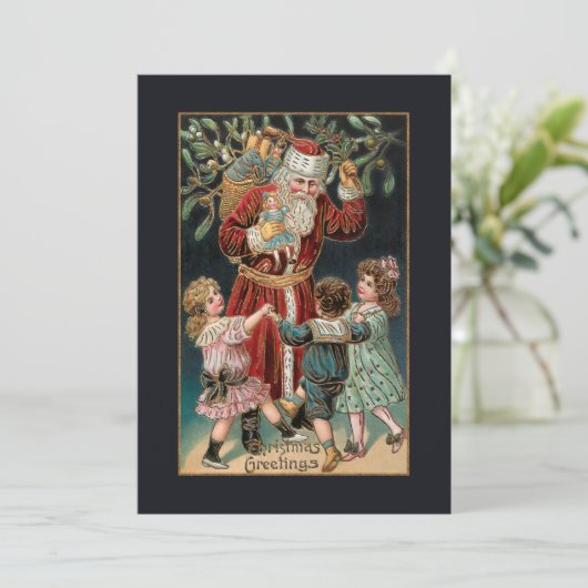 Vader Kerstmis met Dansende Kinderen & Mistletoe Feestdagenkaart (Staand voorkant)