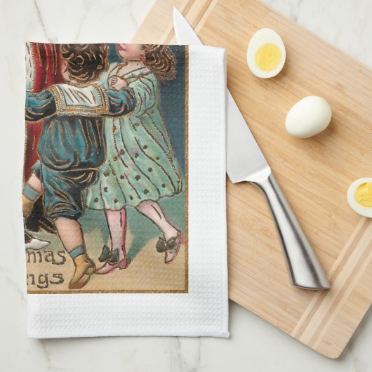 Vader Kerstmis met Dansende Kinderen & Mistletoe Theedoek (Quarter Fold)