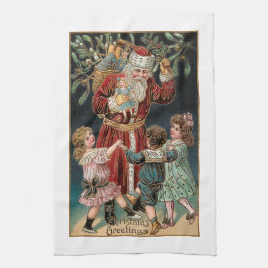 Vader Kerstmis met Dansende Kinderen & Mistletoe Theedoek (Verticaal)