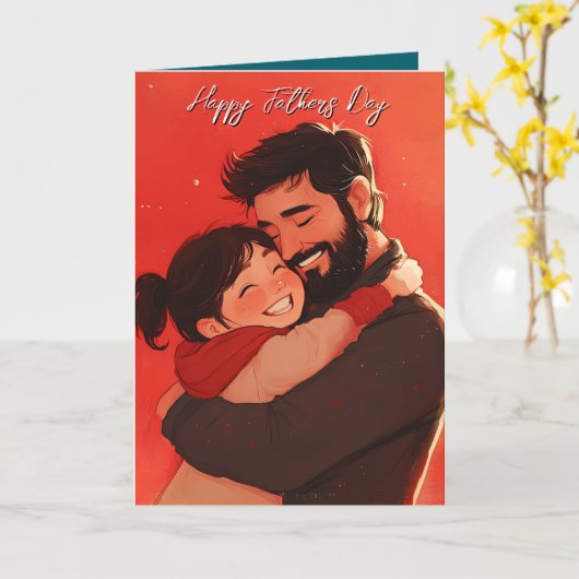 Vader knuffelend kind rood Vouwen vaders dag kaart (Gele Bloem)