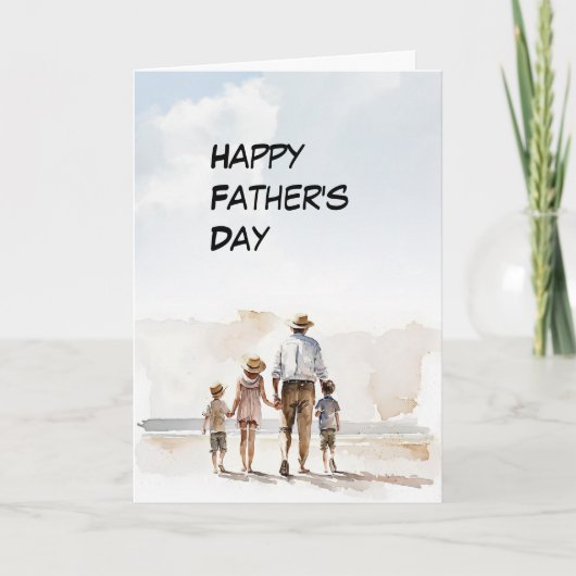 Vader met 3 kinderen lopen een Beach Vaderdag Kaart (Voorkant)