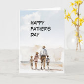Vader met 3 kinderen lopen een Beach Vaderdag Kaart (Gele Bloem)